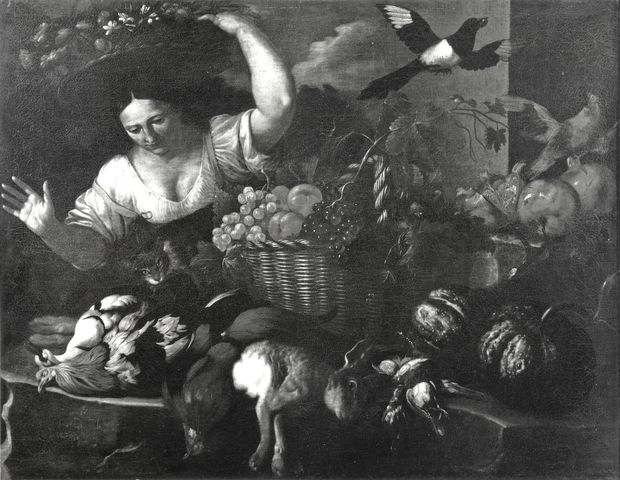 C.N.B. — Gennari Cesare; Gennari Benedetto; Cittadini Pier Francesco - sec. XVII - Natura morta con cesto di frutta, fiori, selvaggina e figura femminile — insieme